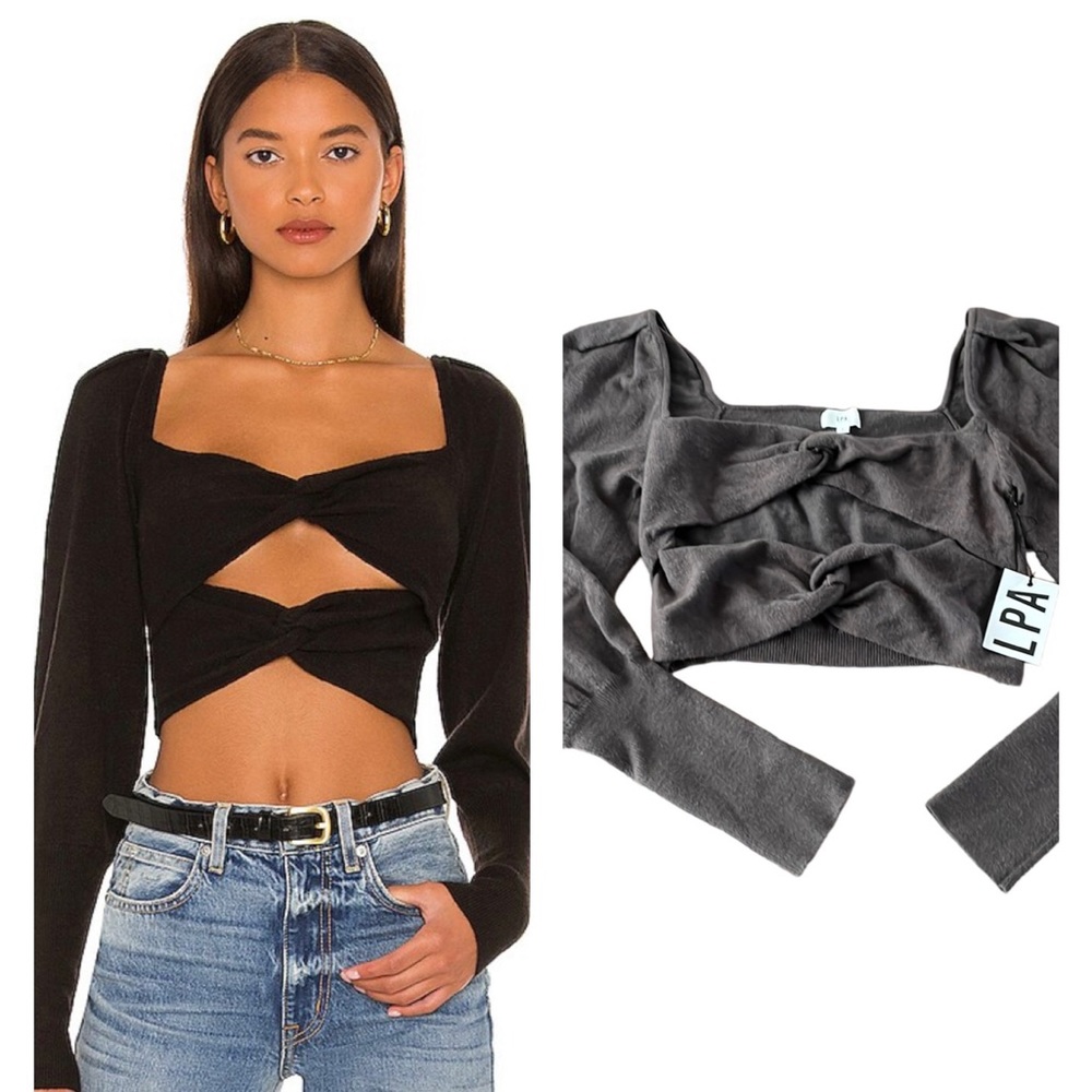 REVOLVE Ayla Cutout Puff Long Sleeve Knit Crop Sweater Brown L NWT
